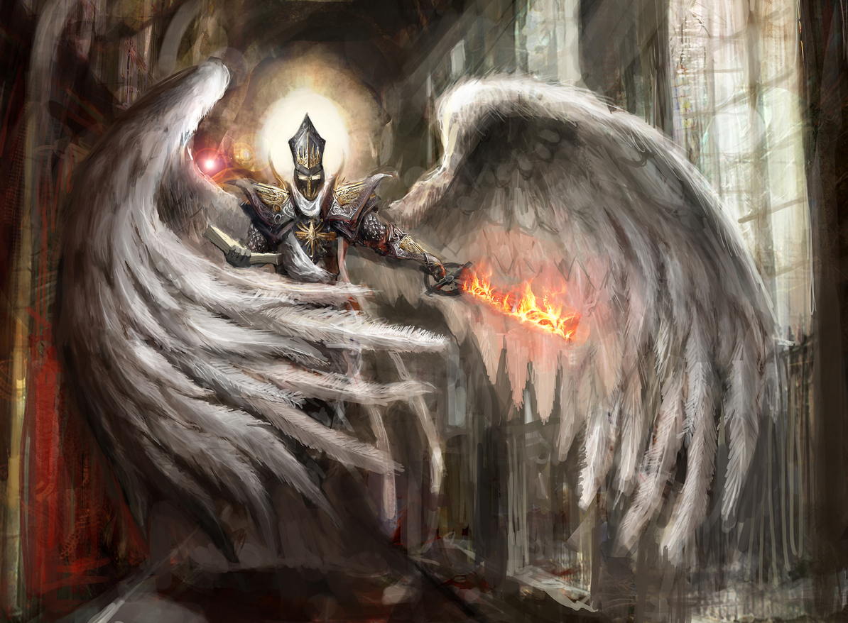 Ilustración de un ángel que empuña una espada de fuego.