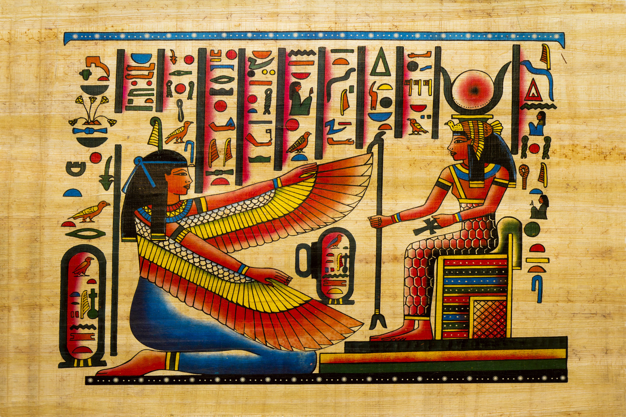 Ilustración de un papiro egipcio en donde se ve a Cleopatra en el trono.