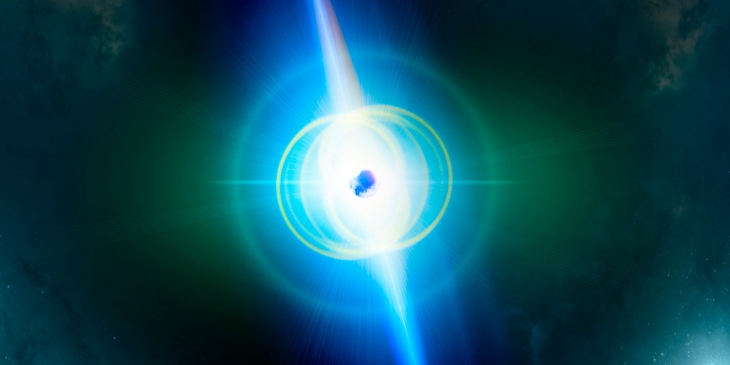Ilustración de un magnetar que pulsa desde el espacio.