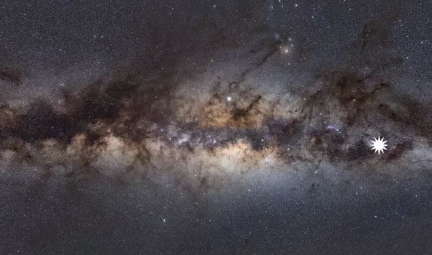 Vista de la Vía Láctea desde la Tierra y el punto en donde fue detectado el objeto.