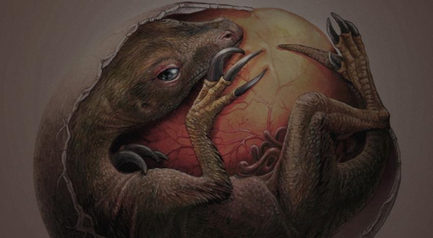 Ilustración de un embrión de dinosaurio en su huevo.